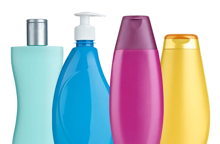 four colorful plastic bottles of various shapes and sizes